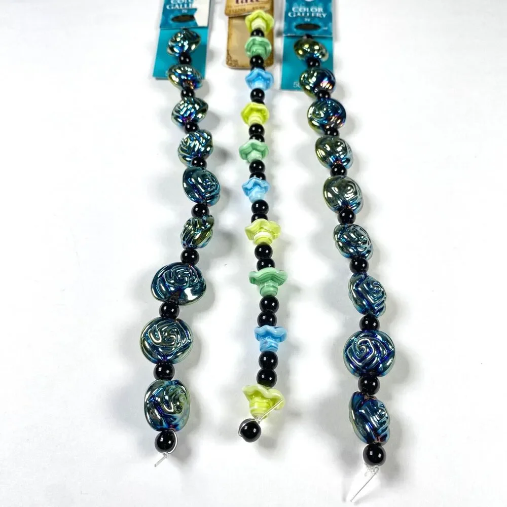 Bead Treasures Art Glass Beads Flower Jewelry Blue Green Iridescent Metallic Mix